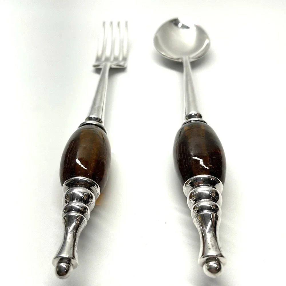 Serving Utensils Set Stainless Steel Amber Glass Handle Fork And Spoon Unbranded